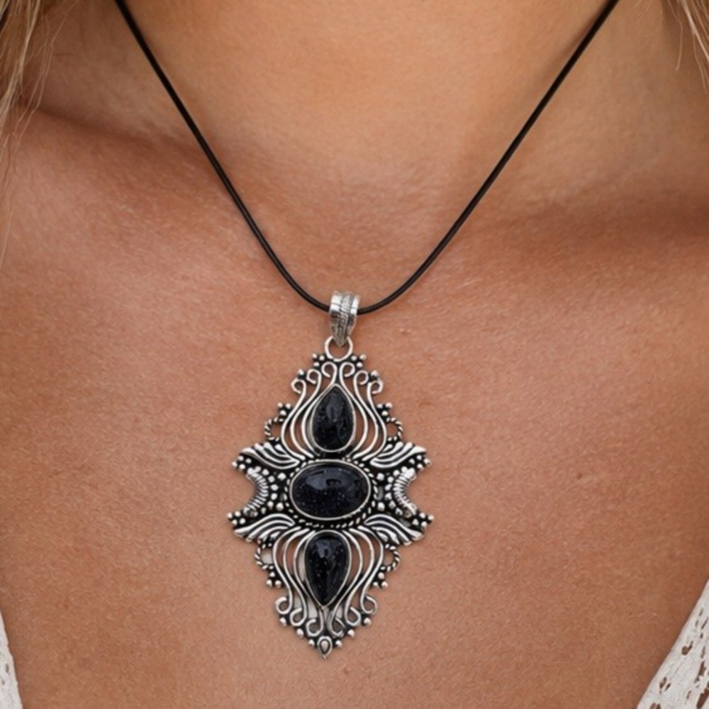 Tibetan Handmade Blue Sunstone Gemstone Ethnic Pendant 2.72" Boho Tribal Artisan